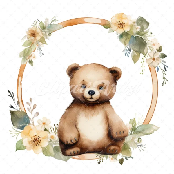 20 High-Quality Bear In Round Frame Rack Clipart - Bear frame digital watercolor JPG instant download for commercial use - Digital download