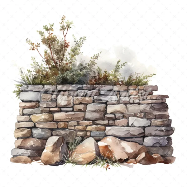 20 High-Quality Rustic Stone Wall Clipart - Rustic stone wall digital watercolor JPG instant download for commercial use - Digital download