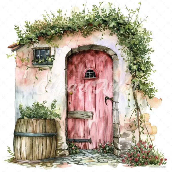 20 High-Quality Doors on Countryside Clipart - Floral doors digital watercolor JPG instant download for commercial use - Digital download