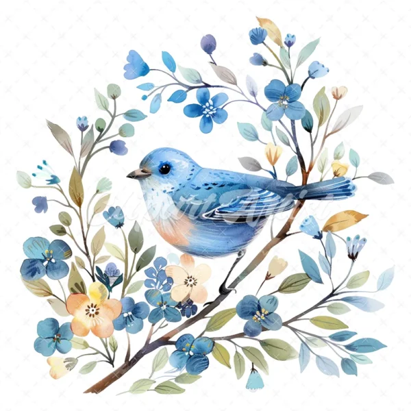 20 High-Quality Blue Bird Floral Clipart - Blue bird floral digital watercolor JPG instant download for commercial use - Digital download