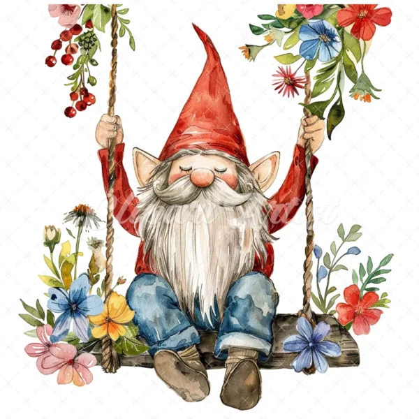 18 High-Quality Gnome on Swing Clipart - Gnome on swing wreath digital watercolor JPG instant download for commercial use - Digital download