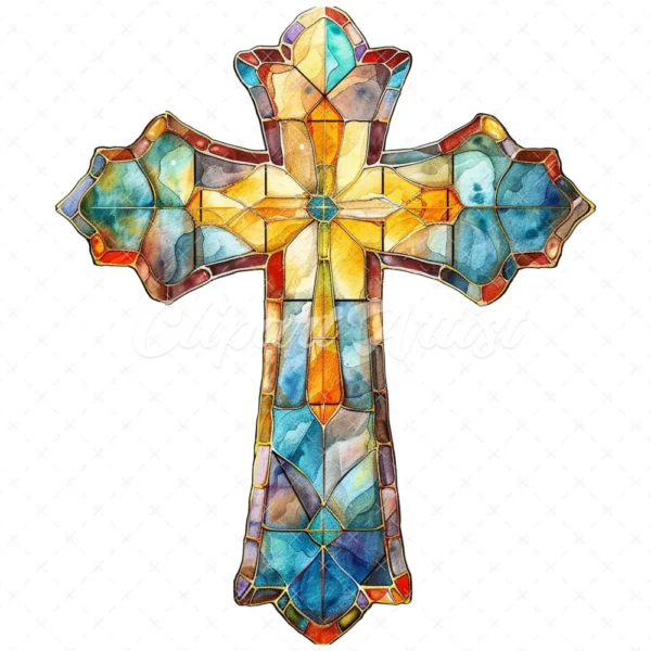 20 High-Quality Stained Glass Cross Clipart - Glass cross digital watercolor JPG instant download for commercial use - Digital download