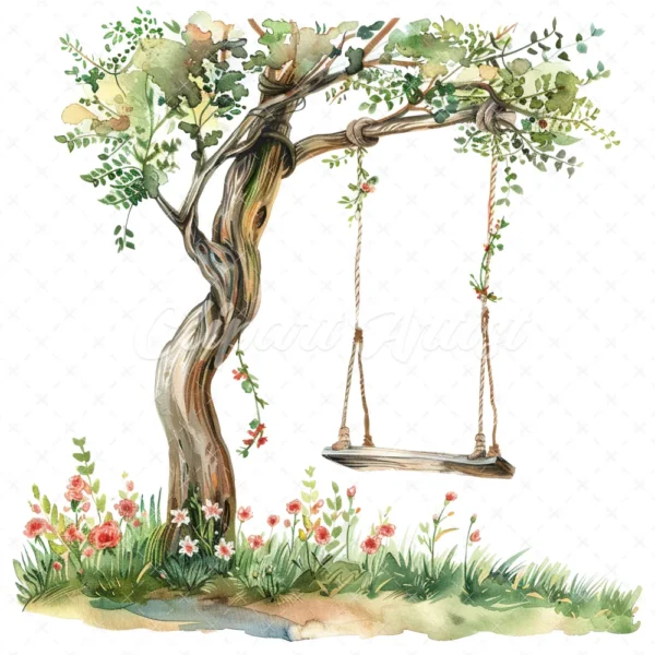 18 High-Quality Tree Swings Clipart - Tree swings digital watercolor JPG instant download for commercial use - Digital download