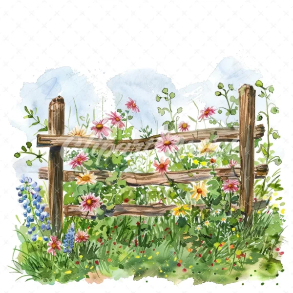 20 High-Quality Fence Wildflowers Clipart - Fence wildflowers digital watercolor JPG instant download for commercial use - Digital download