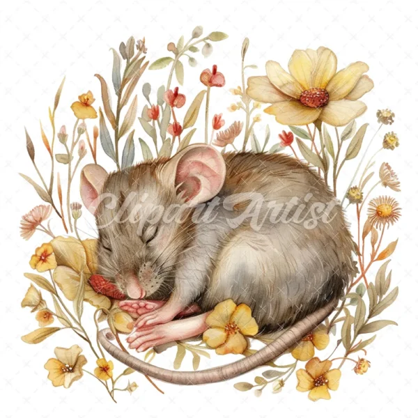 20 High-Quality Mice Sleep In Flower Clipart - Mice sleep digital watercolor JPG instant download for commercial use - Digital download