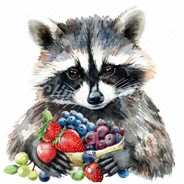 20 High-Quality Cute Fruit Raccoon Clipart - Fruit raccoon digital watercolor JPG instant download for commercial use - Digital download