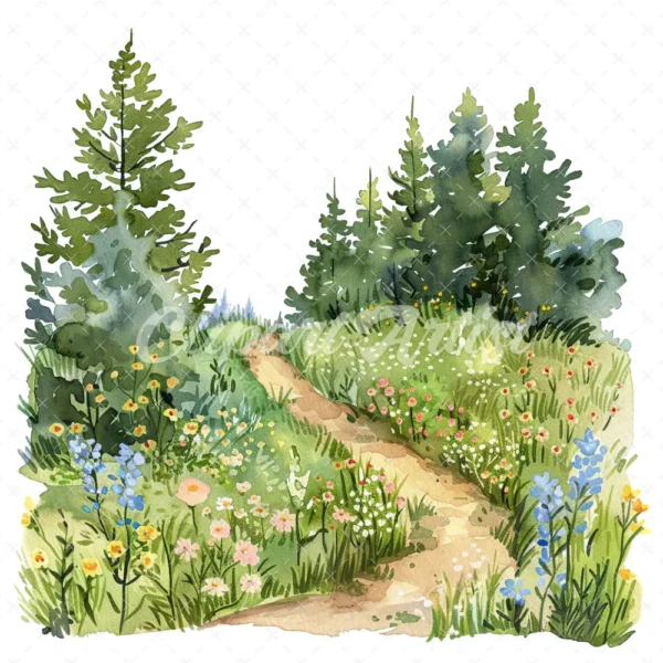 18 High-Quality Spring Meadow Trail Clipart - Spring meadow trail watercolor JPG instant download for commercial use - Digital download