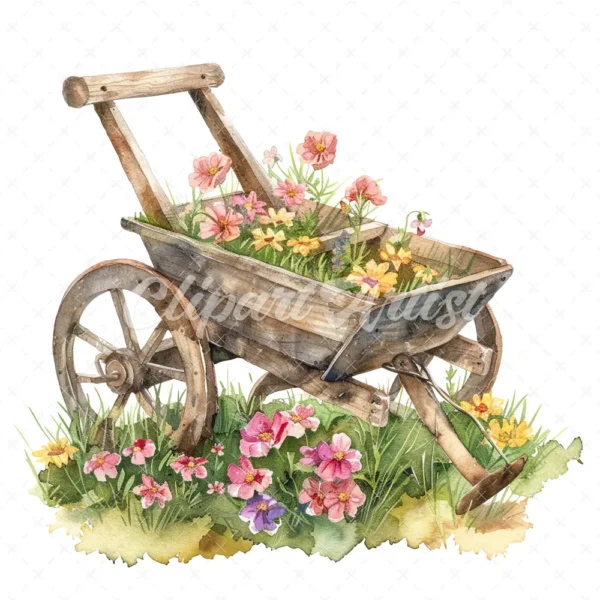 20 High-Quality Rustic Wheelbarrow Clipart - Wheelbarrow digital watercolor JPG instant download for commercial use - Digital download