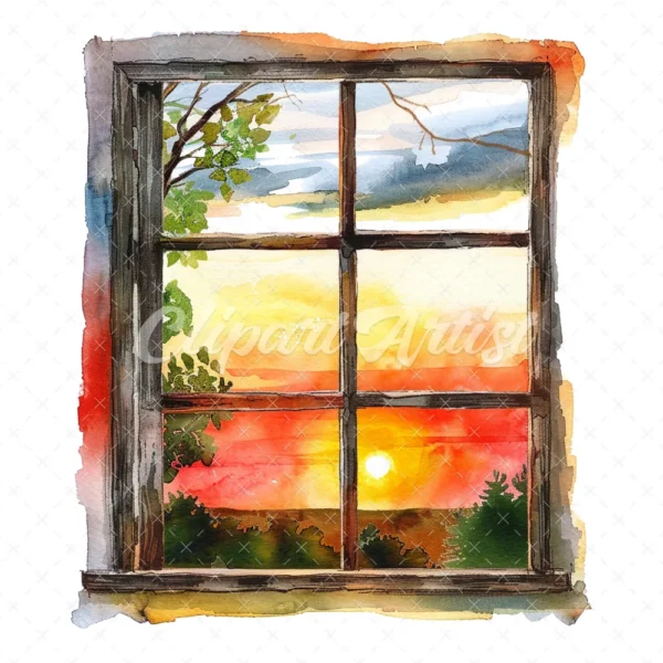20 High-Quality Sunset Window Clipart - Sunset window digital watercolor JPG instant download for commercial use - Digital download