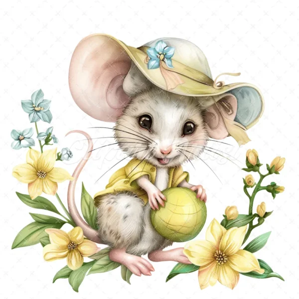 21 High-Quality Cute Spring Mouse with Ball Clipart -Cute mouse digital watercolor JPG instant download for commercial use -Digital download