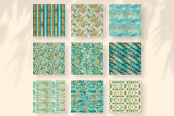 Teal and Gold Seamless Digital Paper - 63 Scrapbook patterns, Teal gold textures, Future journal and cards, Commercial use, Digital download
