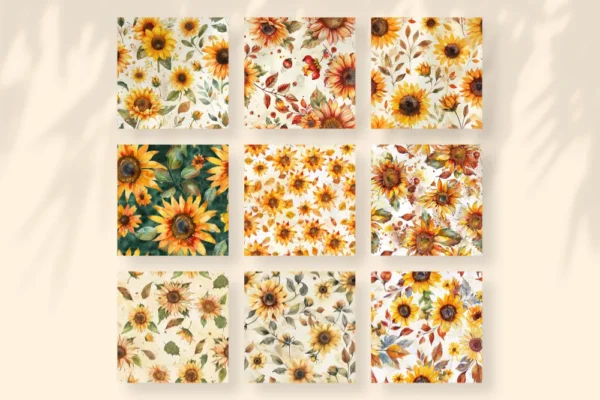 Sunflowers Seamless Digital Paper - 64 Scrapbook patterns, Seamless autumn backgrounds, Fall texture paper, Commercial use, Digital download
