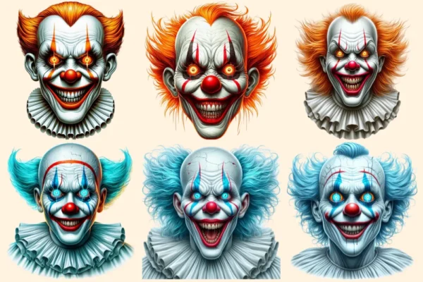 Psycho Clowns PNG Clipart Collection - 31 PNG, Spooky clown illustrations, Haunted circus graphics, Commercial use, Digital download