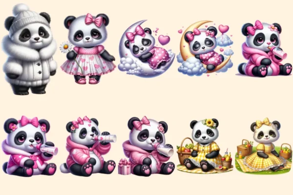 Girl Pandas PNG Clipart Collection - 50 PNG, Charming panda illustrations, Sweet panda printable art, Commercial use, Digital download