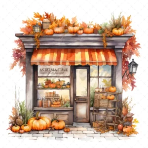 20 High-Quality Autumn Storefront Clipart - Autumn storefront digital watercolor JPG instant download for commercial use - Digital download