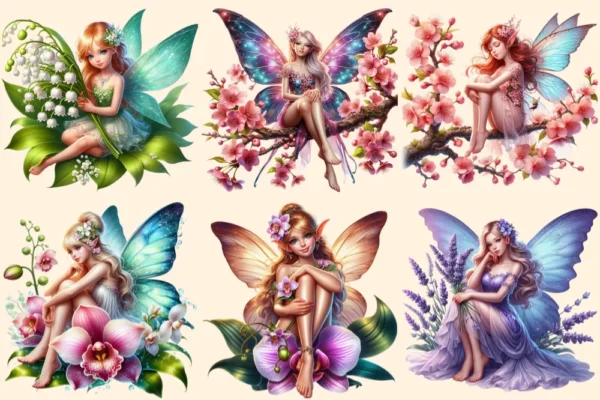 Floral Fairies (P-2) PNG Clipart Collection - 30 PNG, Magical fairy graphics, Floral themed printables, Commercial use, Digital download