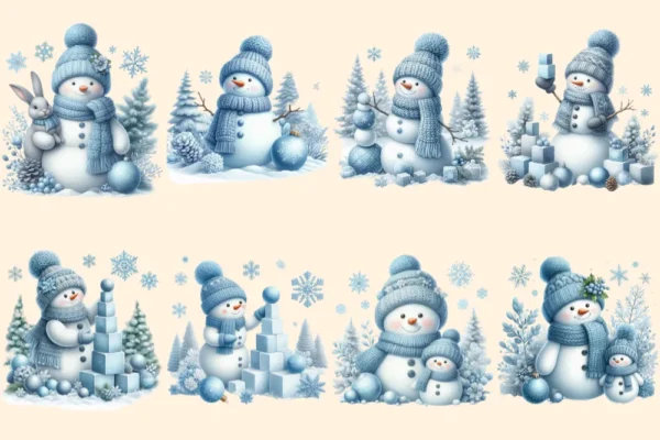 Blue Snowman PNG Clipart Collection - 38 PNG, Winter snowman graphics, Festive printable designs, Commercial use, Digital download