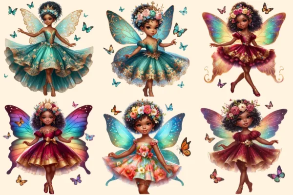 Little Fairies PNG Clipart Collection - 28 PNG, Black fairy graphics, African heritage magic art, Commercial use, Digital download
