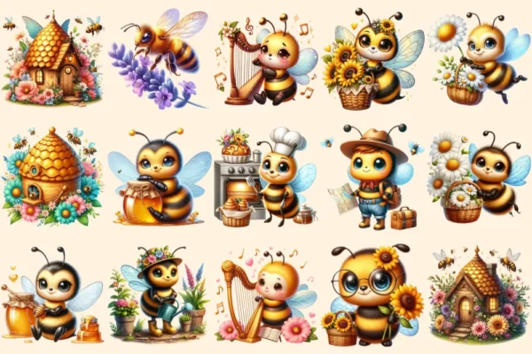 Bee PNG Clipart Collection - 72 PNG, Busy honeybee illustrations, Cute bee printables, Commercial use, Digital download