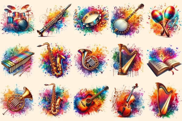 Musical Instruments PNG Clipart Collection - 65 PNG, Colorful music graphics, Instrument printables, Commercial use, Digital download