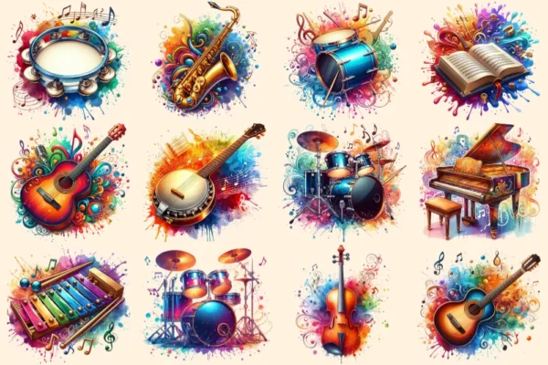 Musical Instruments (P-2) PNG Clipart Collection - 50 PNG, Colorful music graphics, Instrument printables, Commercial use, Digital download