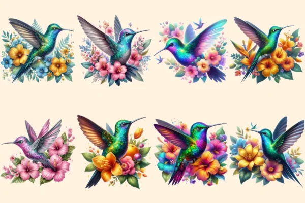 Hummingbirds PNG Clipart Collection - 38 PNG, Tropical bird illustrations, Vibrant floral printables, Commercial use, Digital download