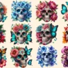 Floral Skulls PNG Clipart Collection - 50 PNG, Dark gothic illustrations, Floral skull printables, Commercial use, Digital download
