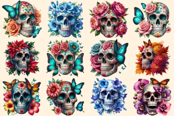 Floral Skulls PNG Clipart Collection - 50 PNG, Dark gothic illustrations, Floral skull printables, Commercial use, Digital download