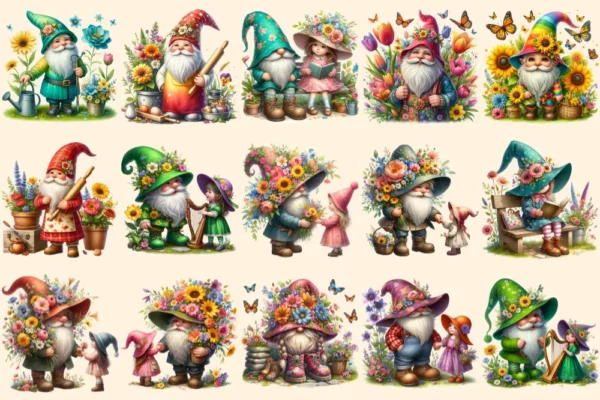 Spring Gnomes PNG Clipart Collection - 68 PNG, Wildflower gnome graphics, Spring garden printables, Commercial use, Digital download