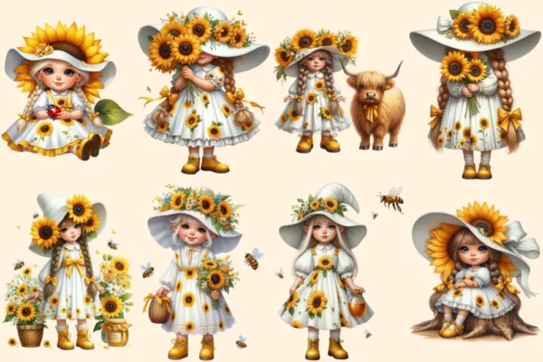 Sunflower Girl Gnomes PNG Clipart Collection - 40 PNG, Sunny gnome graphics, Sunflower printables, Commercial use, Digital download