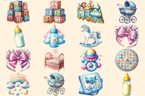 Baby Shower PNG Clipart Collection - 80 PNG, Adorable kids' party illustrations, Festive printables, Commercial use, Digital download