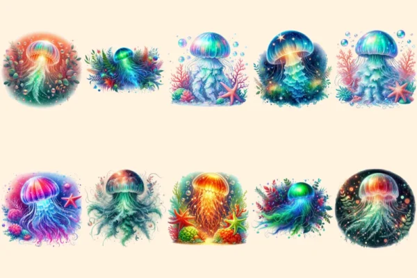 Glowing Jellyfish PNG Clipart Collection - 49 PNG, Underwater creature graphics, Ocean life printables, Commercial use, Digital download