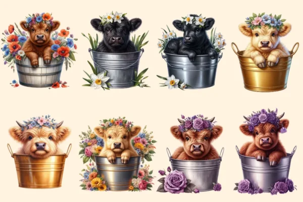 Highland Cows PNG Clipart Collection - 34 PNG, Cute cow illustrations, Charming highland cattle art, Commercial use, Digital download
