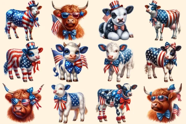 4th of July Cows PNG Clipart Collection - 55 PNG, American pride calf graphics, Cow printables, Commercial use, Digital download