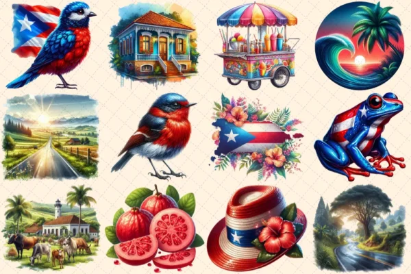 Puerto Rico (P-3) PNG Clipart Collection - 57 PNG, Tropical travel illustrations, Puerto rico island prints, Commercial use,Digital download