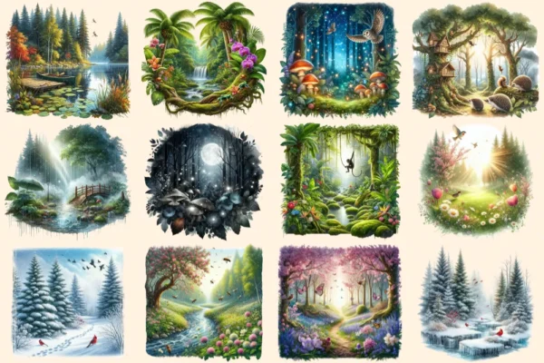 Forest Landscapes PNG Clipart Collection - 53 PNG, Peaceful woodland illustrations, Nature printable, Commercial use, Digital download