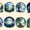 Forest Moons PNG Clipart Collection - 37 PNG, Moonlit fantasy illustrations, Forest magic printables, Commercial use, Digital download