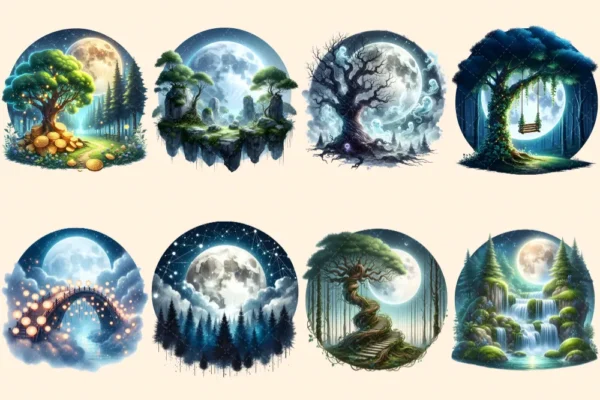 Forest Moons PNG Clipart Collection - 37 PNG, Moonlit fantasy illustrations, Forest magic printables, Commercial use, Digital download