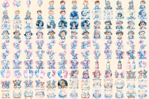 Baby Shower Watercolor Clipart Bundle - 900+ transparent PNG, Cherubic baby graphics, Adorable kids party, Commercial use, Digital download