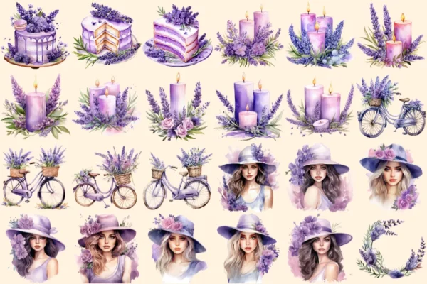 Lavenders Watercolor Clipart Bundle - 160+ transparent PNG, PNG of Tranquil summer lavender joy, Lavenders Commercial use, Digital download