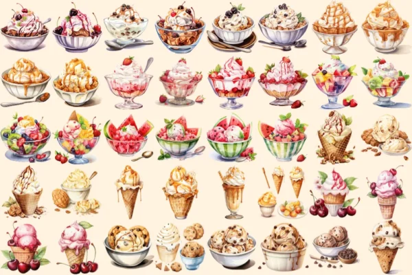 Ice Cream Watercolor Clipart Bundle - 260+ transparent PNG, Savory tasty desserts, Beach dessert, Sweets Commercial use, Digital download