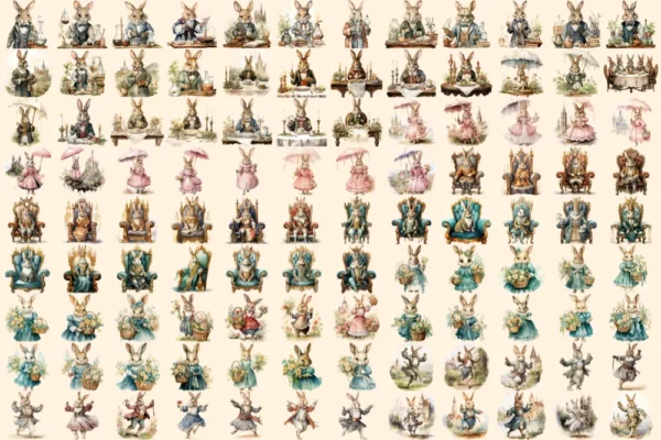 Victorian Bunnies Clipart Bundle - 750+ transparent PNG, Vintage rabbit clipart, Medieval antique graphics, Commercial use, Digital download
