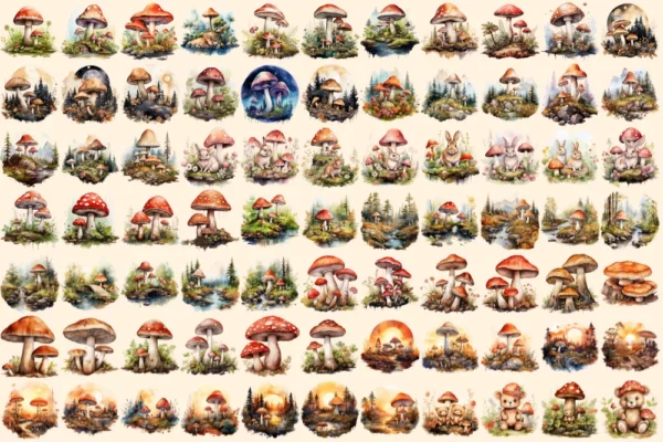 Mushrooms Watercolor Clipart Bundle - 520+ transparent PNG, Mushrooms png, Enchanted nature illustrations, Commercial use,Digital download
