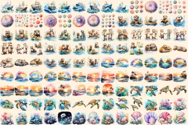 Ocean Stuff Watercolor Clipart Bundle - 800+ transparent PNG, Ocean-themed clipart, Ocean creatures designs, Commercial use,Digital download