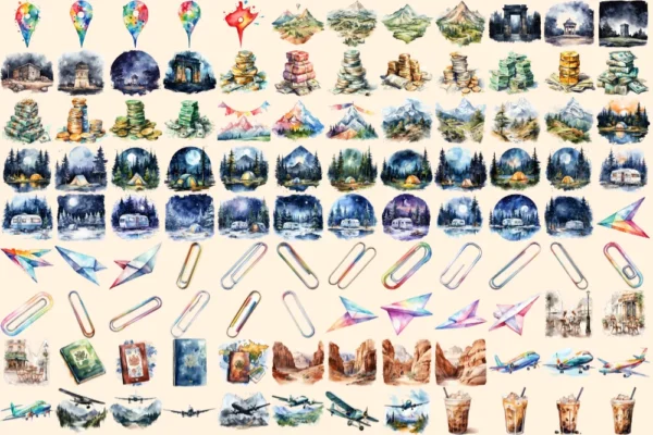 Travel Watercolor Clipart Bundle - 730+ transparent PNG, Adventure, Wanderlust , Vacation holiday graphics, Commercial use, Digital download