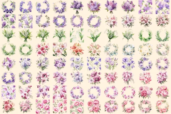 Wedding Flowers Watercolor Clipart Bundle - 545+ transparent PNG, Floral wedding elements, Bride's bouquet, Commercial use, Digital download