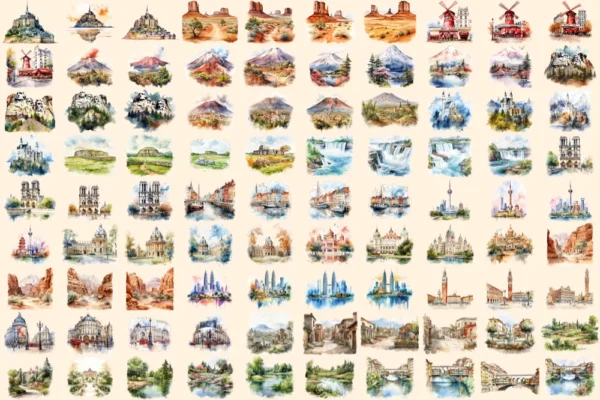 Landmarks Watercolor Clipart Bundle - 620+ transparent PNG, Popular landmark graphics, top wonders clipart, Commercial use, Digital download