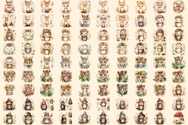 Boho Woodland Animals Watercolor Clipart Bundle - 586+ transparent PNG, Forest, Fox Bear Deer Owl Raccoon, Commercial use, Digital download