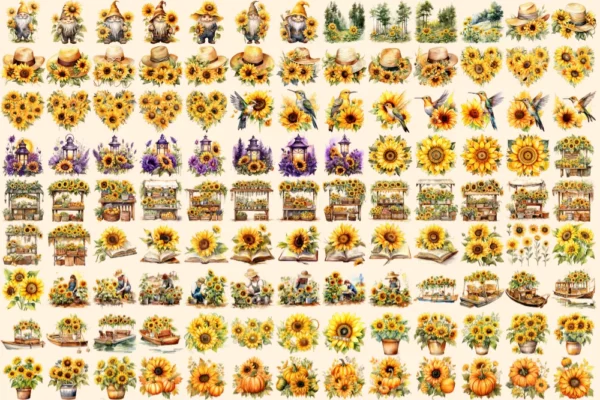 Sunflowers Watercolor Clipart Bundle - 776+ transparent PNG, Vibrant sunflower png, Radiant summer flowers, Commercial use, Digital download