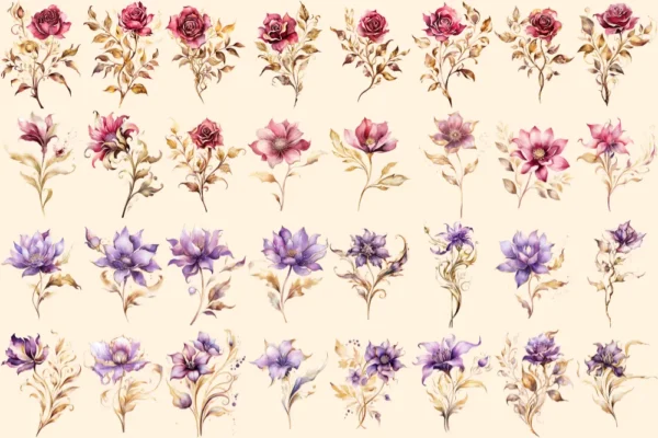 Fantasy Flowers Watercolor Clipart Bundle - 200+ transparent PNG, Whimsical floral images, Nature graphics, Commercial use, Digital download